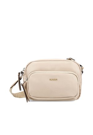 Beige Umhängetasche mit vorderer Reißverschlusstasche, verstellbarem Riemen und goldenem "Picard"-Logo in der Mitte der Tasche.