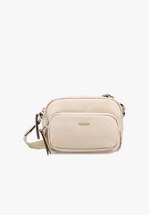 Beige Umhängetasche mit vorderer Reißverschlusstasche, verstellbarem Riemen und goldenem "Picard"-Logo in der Mitte der Tasche.