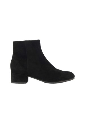 Black suede ankle boots with a square toe, medium block heel, and smooth texture. Simple design without additional embellishments.