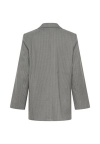 Sacou gri cu dungi fine, cu mâneci lungi, prezentat din spate pe un fundal alb.