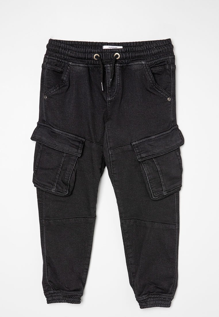 Schwarze Cargo-Jogginghosen aus Denim mit elastischem Bund und Kordelzug, ausgestattet mit seitlichen Taschen und umgeschlagenen Säumen.