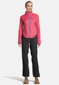 Lichte, roze, weerbestendige jas met een hoge kraag, een ritszak en blauwe accenten, gecombineerd met zwarte broek en bruine laarzen.