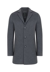 Szary wełniany płaszcz z klapą z wycięciem, zapinany na trzy guziki z przodu, z dwoma bocznymi kieszeniami. Gładka faktura, dopasowany krój i lekko zaokrąglony dół.