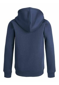 Felpa blu navy con cappuccio regolabile, maniche lunghe, polsini e orlo a coste. Tessuto liscio con un design semplice e senza decorazioni.