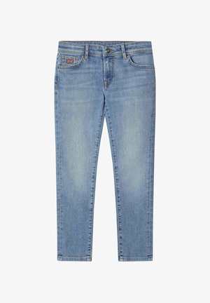Hellblaue Slim-Fit-Denim-Jeans mit Knopfverschluss vorne, fünf Taschen und einem kleinen Patch mit dem Union Jack auf der rechten Vordertasche.