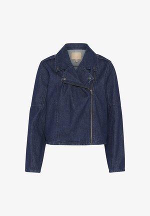 Dark blue denim jacket with a cropped design, asymmetrical zip closure, pointed collar, and decorative snaps on the shoulders.