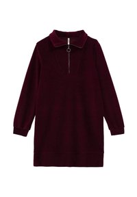 Abito in velluto a coste bordeaux con colletto, zip frontale a metà e maniche lunghe. Tessuto testurizzato con dettagli a costine verticali.