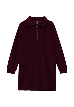 Abito in velluto a coste bordeaux con colletto, zip frontale a metà e maniche lunghe. Tessuto testurizzato con dettagli a costine verticali.