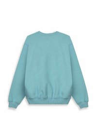 Lichtblauwe sweatshirt met ronde hals en lange mouwen, met ribgebreide boorden en tailleband, zie je van achteren op een witte achtergrond.