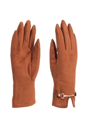 Guanti in suede marrone con dita allungate, una texture liscia e un accento decorativo dorato vicino al polso.