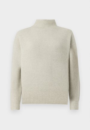 Vaaleanharmaa ribbireunalla varustettu turtleneck-neule, jossa on pitkät hihat ja rento istuvuus. Rakennekudottu kangas, jossa on säädettävät hihansuut ja helma.