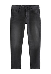 Slim Fit dunkelgraue Jeans mit Knopf- und Reißverschluss, Vorder- und Münztaschen, flach auf weißem Hintergrund präsentiert.