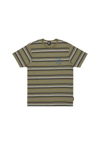 Short-sleeved t-shirt in olive green with horizontal stripes in beige, navy, and white. Features a small blue logo on the chest.