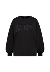 Sweatshirt noir avec un col rond et de longues manches bouffantes. Arbore un texte "LUCKY" en sequins sur le devant, fabriqué dans un matériau doux.