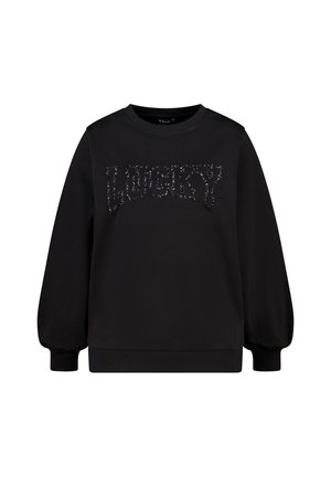 Zwarte sweatshirt met een ronde halslijn en lange pofmouwen. Heeft glinsterende "LUCKY" tekst op de voorkant, gemaakt van een zachte stof.