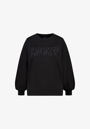 Zwarte sweatshirt met een ronde halslijn en lange pofmouwen. Heeft glinsterende "LUCKY" tekst op de voorkant, gemaakt van een zachte stof.