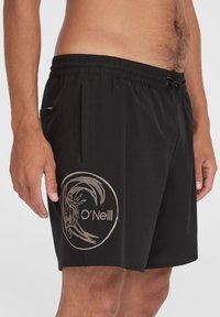 Čierne plavkové šortky s elastickým pásom, šnúrkou na stiahnutie, bočnými vreckami a striebornou grafickou logom na ľavom stehne. Ľahký materiál.