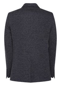Blazer blu navy in tessuto texturizzato con piccoli punti bianchi, colletto classico e due aperture posteriori per una vestibilità su misura.