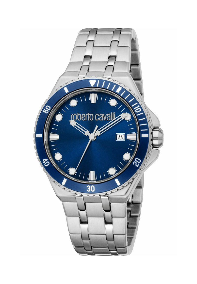 Orologio Roberto Cavalli con quadrante blu, cassa e bracciale in acciaio inossidabile con finitura argentata, e visualizzazione della data alle 3.