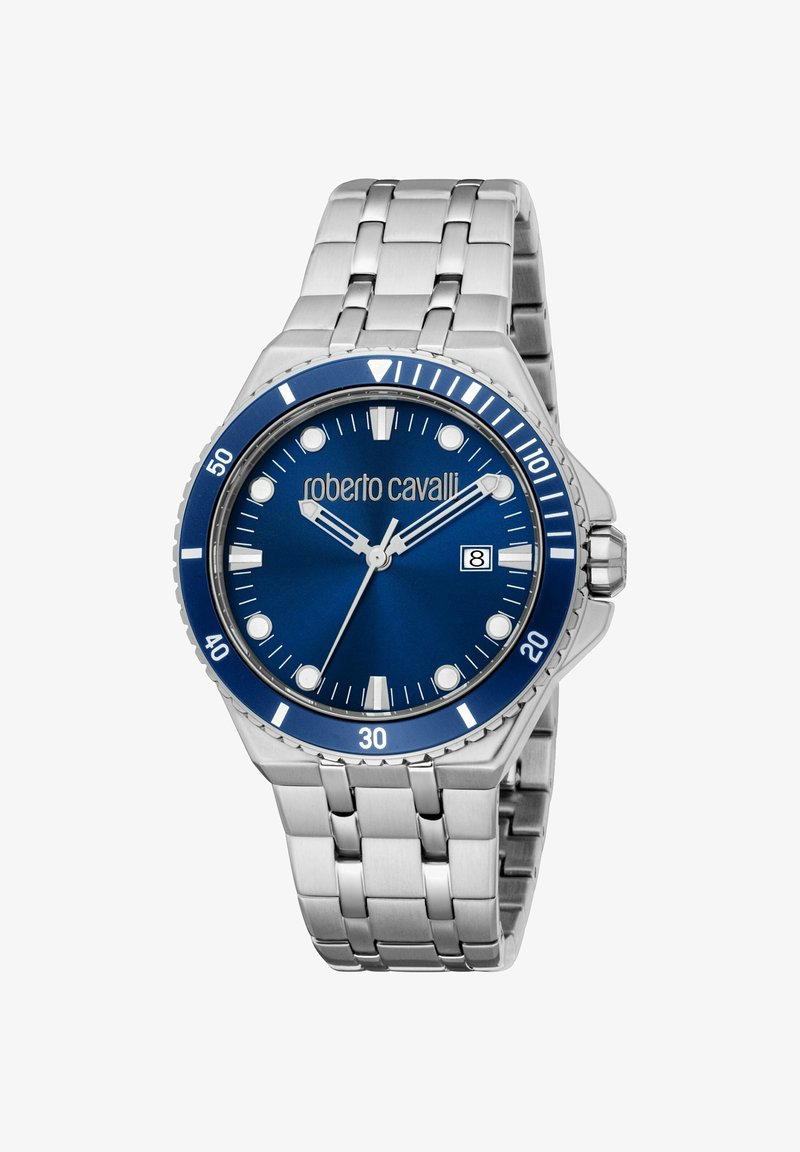 Orologio Roberto Cavalli con quadrante blu, cassa e bracciale in acciaio inossidabile con finitura argentata, e visualizzazione della data alle 3.
