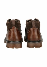 Brown leather and suede ankle boots with a textured finish, featuring a sturdy rubber sole, pull tab, and side zipper accents.