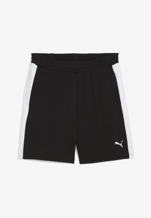 Musta urheilushortsit, joissa valkoiset sivupaneelit, joustava vyötärö ja Puma-logo vasemman jalan alareunassa.