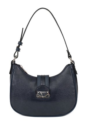 Sac à bandoulière en cuir texturé bleu marine avec fermoir argenté et sangle réglable.