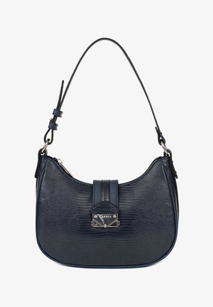 Sac à bandoulière en cuir texturé bleu marine avec fermoir argenté et sangle réglable.