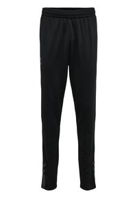 Schwarze Sporthose aus atmungsaktivem Stoff mit einem elastischen Bund, schmal zulaufenden Beinen und dezenten grauen Seitenakzenten.