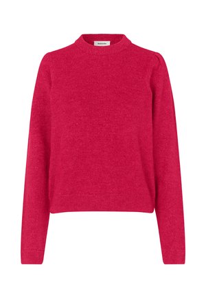 Figursyet sweater med rund hals i lys pink, lavet af blødt strikket materiale. Lange ærmer med let puff ved skuldrene, ribbet kant og manchetter.