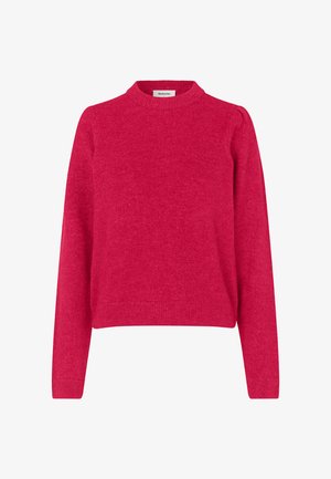 Figursyet sweater med rund hals i lys pink, lavet af blødt strikket materiale. Lange ærmer med let puff ved skuldrene, ribbet kant og manchetter.