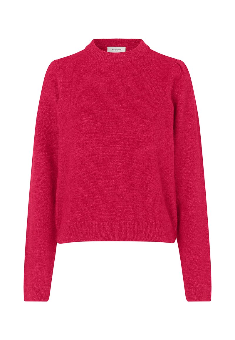 Figursyet sweater med rund hals i lys pink, lavet af blødt strikket materiale. Lange ærmer med let puff ved skuldrene, ribbet kant og manchetter.