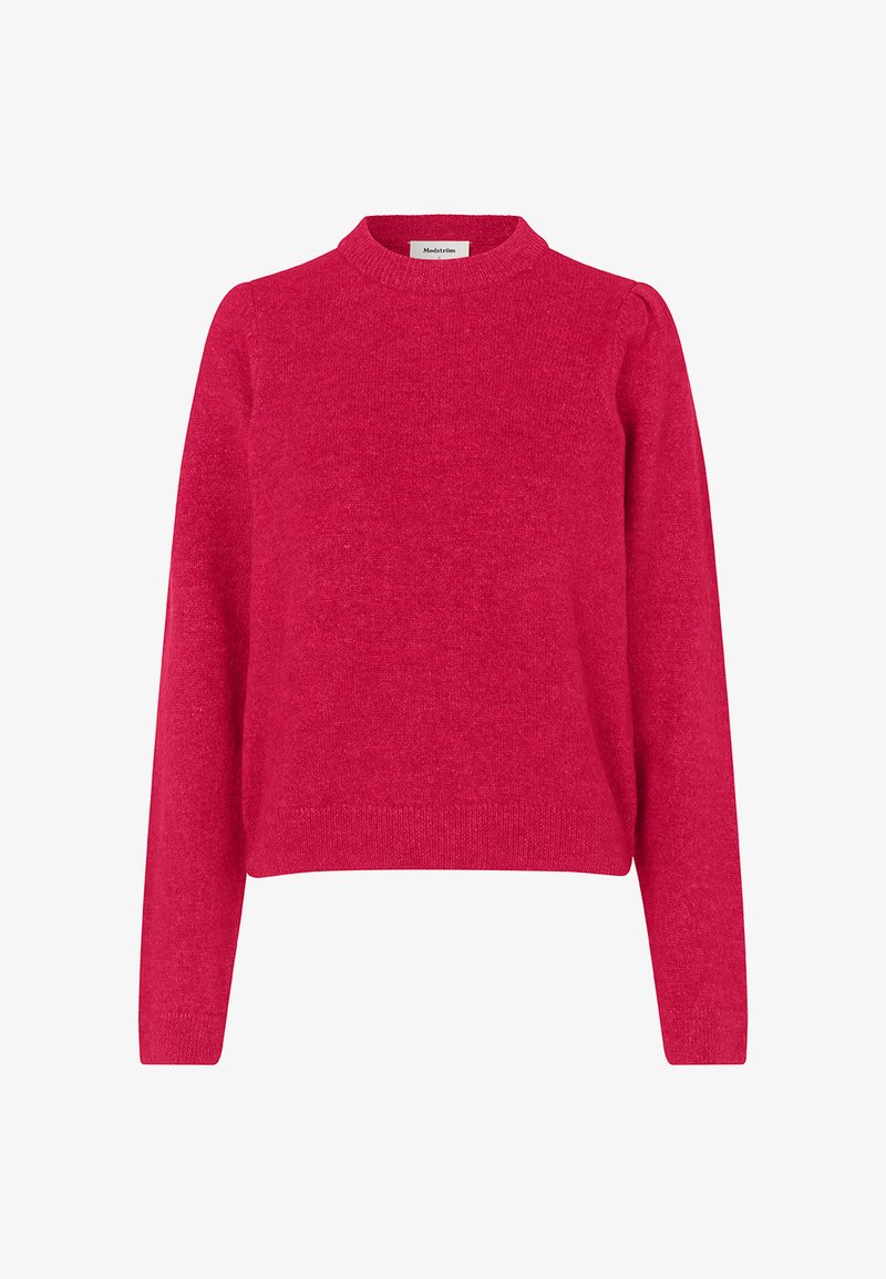 Figursyet sweater med rund hals i lys pink, lavet af blødt strikket materiale. Lange ærmer med let puff ved skuldrene, ribbet kant og manchetter.