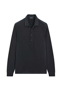 Czarna longsleeve polo z trzema guzikami i kołnierzykiem, wyeksponowana na płasko na białym tle.
