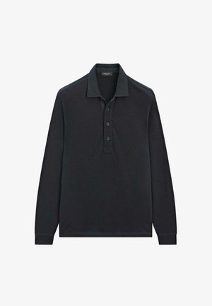 Sort langærmet polo-shirt med tre knapper og krave, præsenteret fladt mod en hvid baggrund.