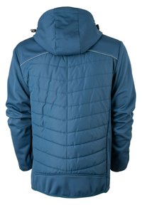 Blaue isolierte Jacke mit Kapuze, mit steppartiger Textur und genähten Linien. Glattes Material mit Akzentdetails an den Schultern.