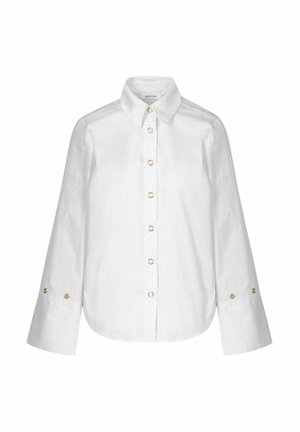 Fehér, hosszú ujjú, pamutból készült ing, arany gyűrűs gombokkal és klasszikus gallérral. Simai felületű és lazán illeszkedő fazon.
