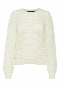 Maglione color crema con un design testurizzato a costine. Presenta maniche lunghe e un collo rotondo con bordo a scallop. Realizzato in morbido materiale a maglia.