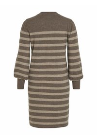 Robe pull longueur genou à rayures horizontales beige et marron, manches longues bouffantes et poignets côtelés, vue de dos.