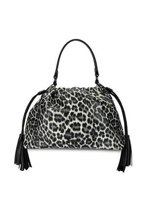 Weiche Lederhandtasche mit schwarz-weißem Leopardenmuster, schwarzem Griff, seitlichen Quasten und gerafftem oberen Detail.