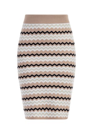 Adīta zīmuļa svārku ar zigzaga rakstu bēšā, baltā un melnā krāsā. Tam ir pieguļoša siluets un maiga, elastīga jostasvieta.