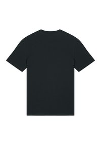 Zwarte katoenen t-shirt, korte mouwen, ronde hals, gladde textuur, effen achterkant zonder ontwerpen of logo's, standaard pasvorm.