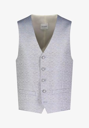 Light gray men's vest with subtle floral pattern, four front buttons, two welt pockets, and a V-neck collar.