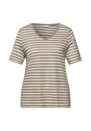 Beiges und weiß gestreiftes T-Shirt mit kurzen Ärmeln, rundem Ausschnitt und lockerem Schnitt.
