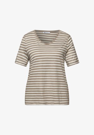 Beige og hvide T-shirt med korte ærmer og horisontale striber, rund halsudskæring og afslappet pasform.