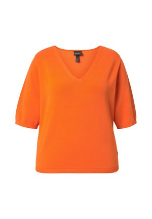 Helles orangefarbenes Strickoberteil mit kurzen Ärmeln, V-Ausschnitt, lockerer Passform und geradem Saum.