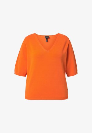 Bright orange short-sleeve V-neck knit top with a relaxed fit and a straight hem.
