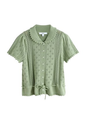 Light green short-sleeve knit cardigan with button front, scalloped edges, eyelet pattern, ribbed collar, and drawstring at hem.