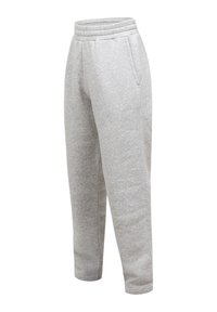 Ανοιχτό γκρι φλις παντελόνι φόρμας με ελαστική μέση και πλαϊνές τσέπες, με στενή γραμμή στα πόδια, σχεδιασμένο για καθημερινή χρήση.