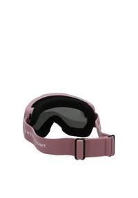 Vaaleanpunaiset laskettelulasit mustalla vaahtomuovivuorella, tummennetut linssit ja säädettävä remmi, jossa valkoisella tekstillä "SWEDMOUNT".